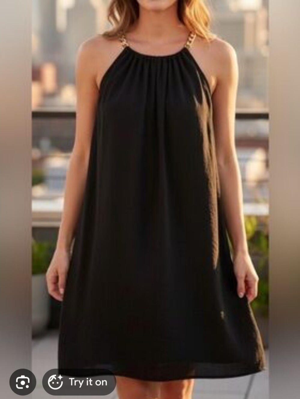 MICHAEL Michael Kors Black Halter Dress with Gold Chain Straps